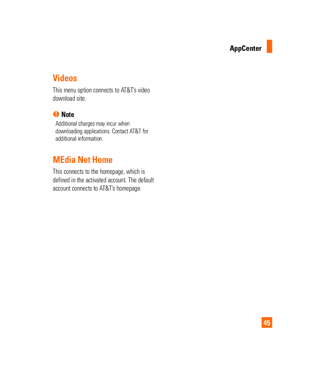 LG Electronics PRIME manual Videos, MEdia Net Home, AppCenter, This menu option connects to AT&T’s video download site 