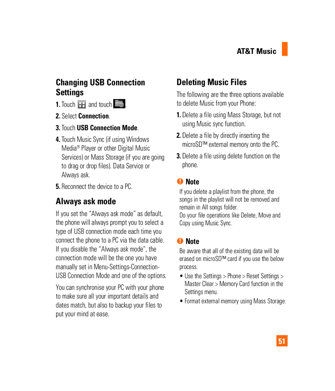 LG Electronics PRIME manual Changing USB Connection Settings, Always ask mode, Deleting Music Files 