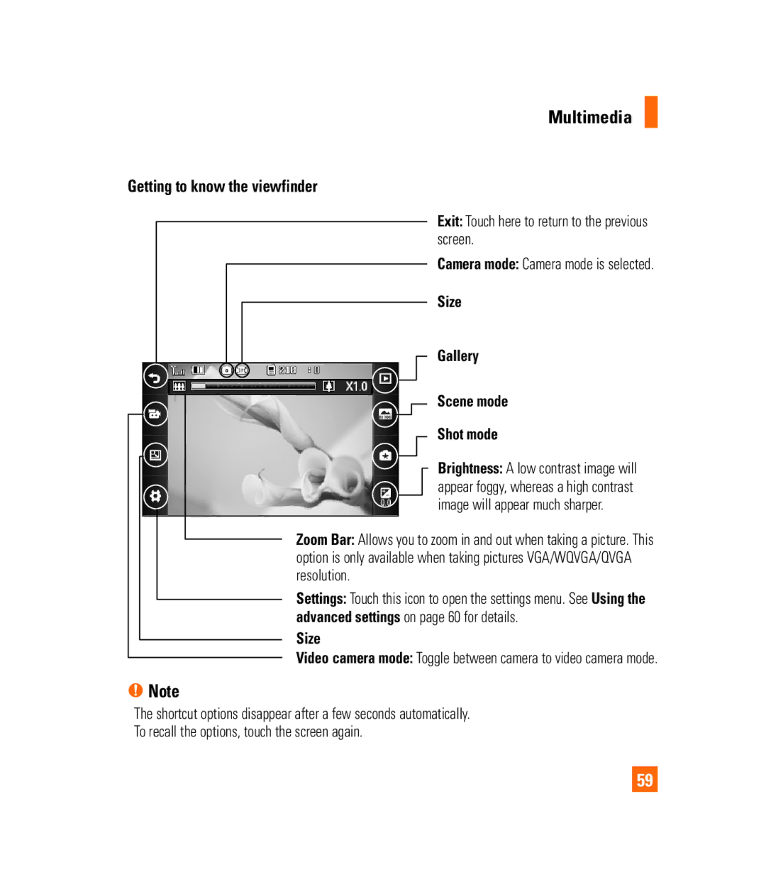 LG Electronics PRIME manual Multimedia, Getting to know the viewfinder, Exit Touch here to return to the previous screen 