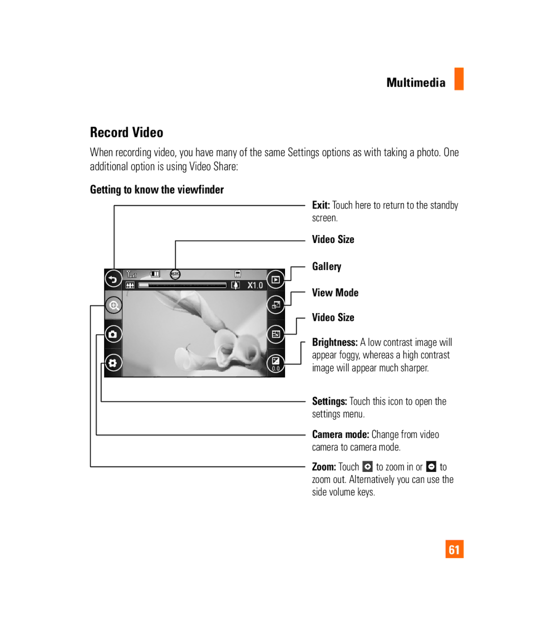 LG Electronics PRIME manual Record Video, Exit Touch here to return to the standby screen 