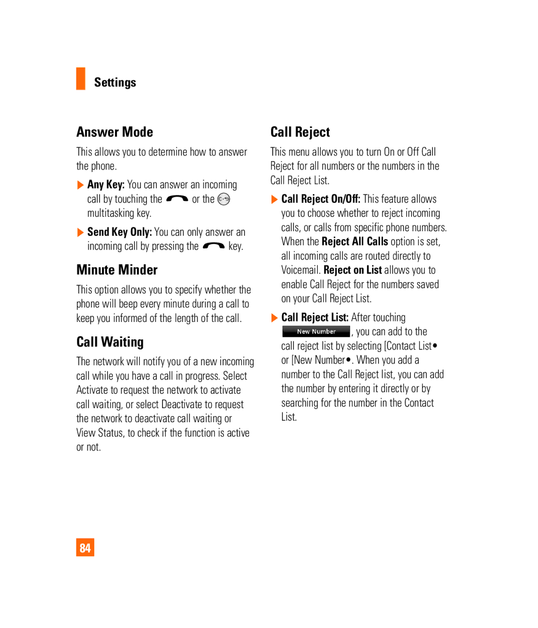 LG Electronics PRIME manual Answer Mode, Minute Minder, Call Waiting, Call Reject List After touching 
