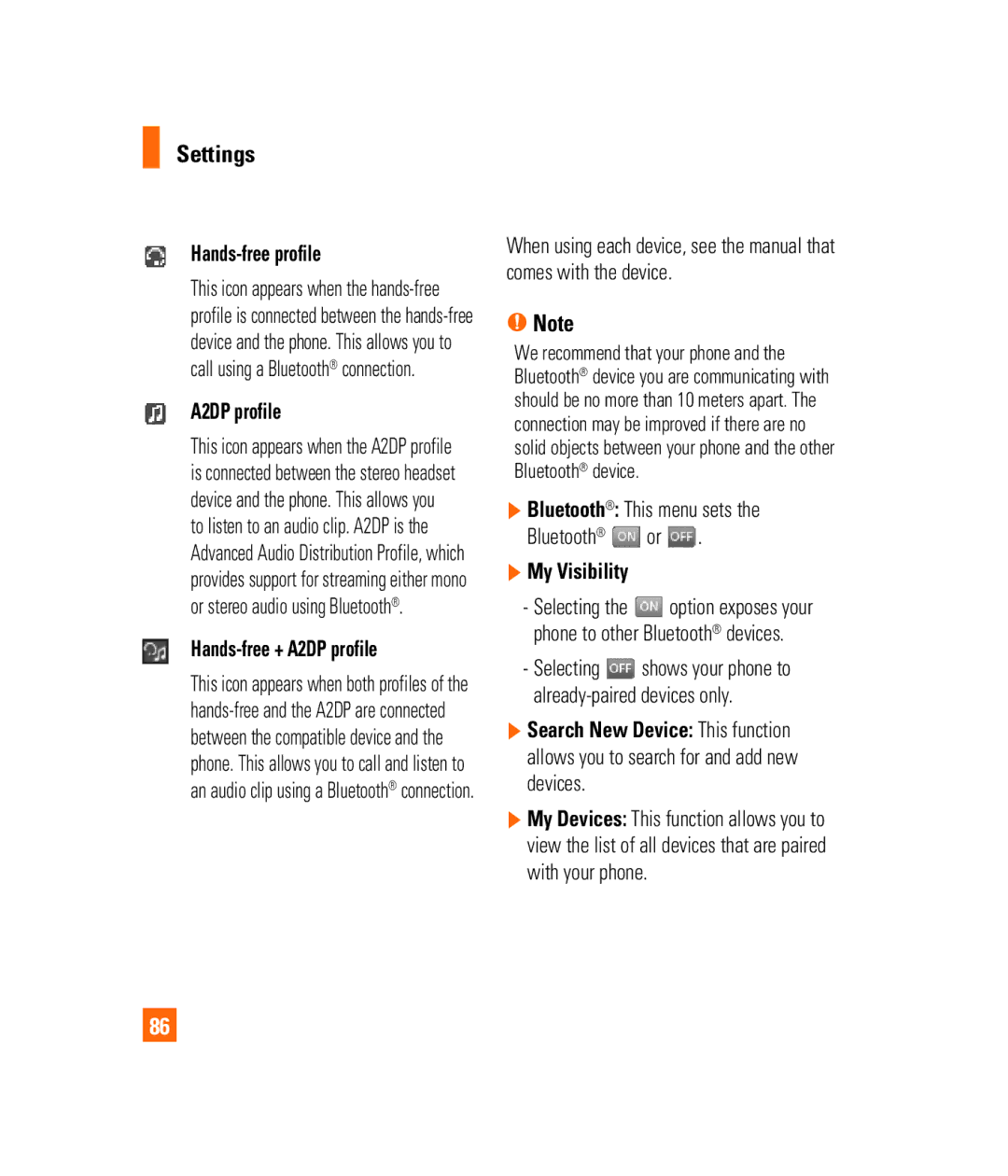 LG Electronics PRIME manual Hands-free profile, Hands-free + A2DP profile, Bluetooth This menu sets Bluetooth or 
