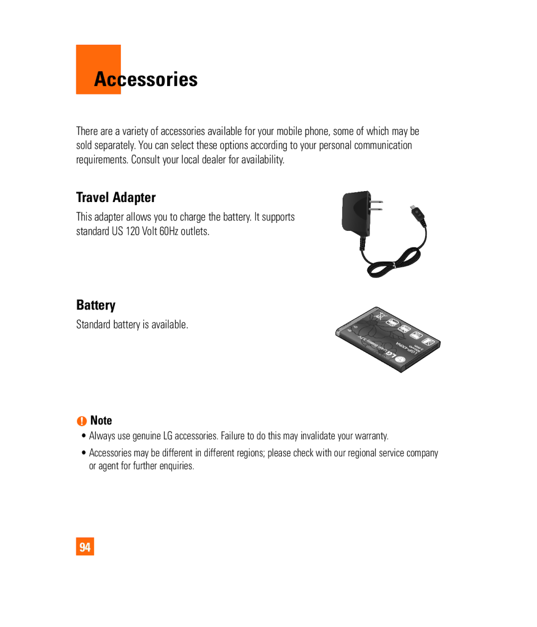 LG Electronics PRIME manual Accessories, Travel Adapter, Battery, Standard battery is available 