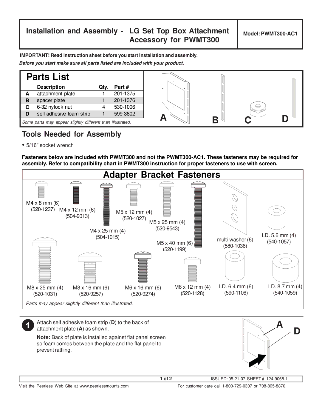 LG Electronics PWMT300-AC1 instruction sheet Parts List, Adapter Bracket Fasteners, Tools Needed for Assembly 