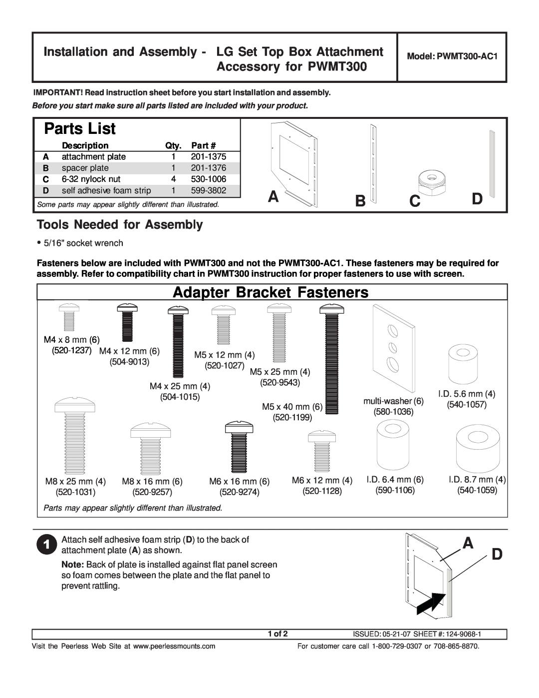 LG Electronics PWMT300-AC1 instruction sheet Tools Needed for Assembly, Description, Parts List, Adapter Bracket Fasteners 