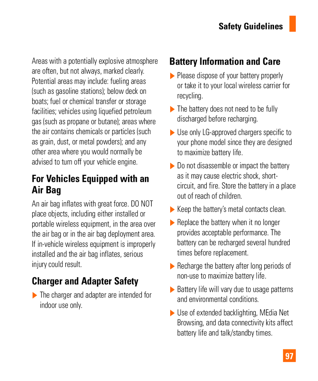 LG Electronics Quantum For Vehicles Equipped with an Air Bag, Charger and Adapter Safety, Battery Information and Care 