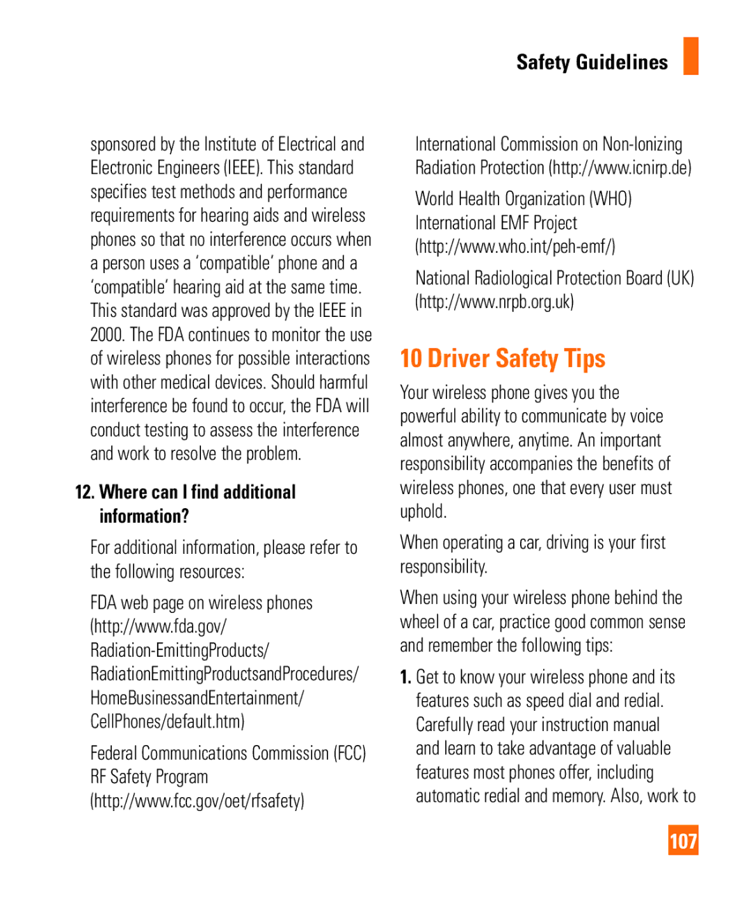 LG Electronics Quantum manual Driver Safety Tips, 107, When operating a car, driving is your first responsibility 