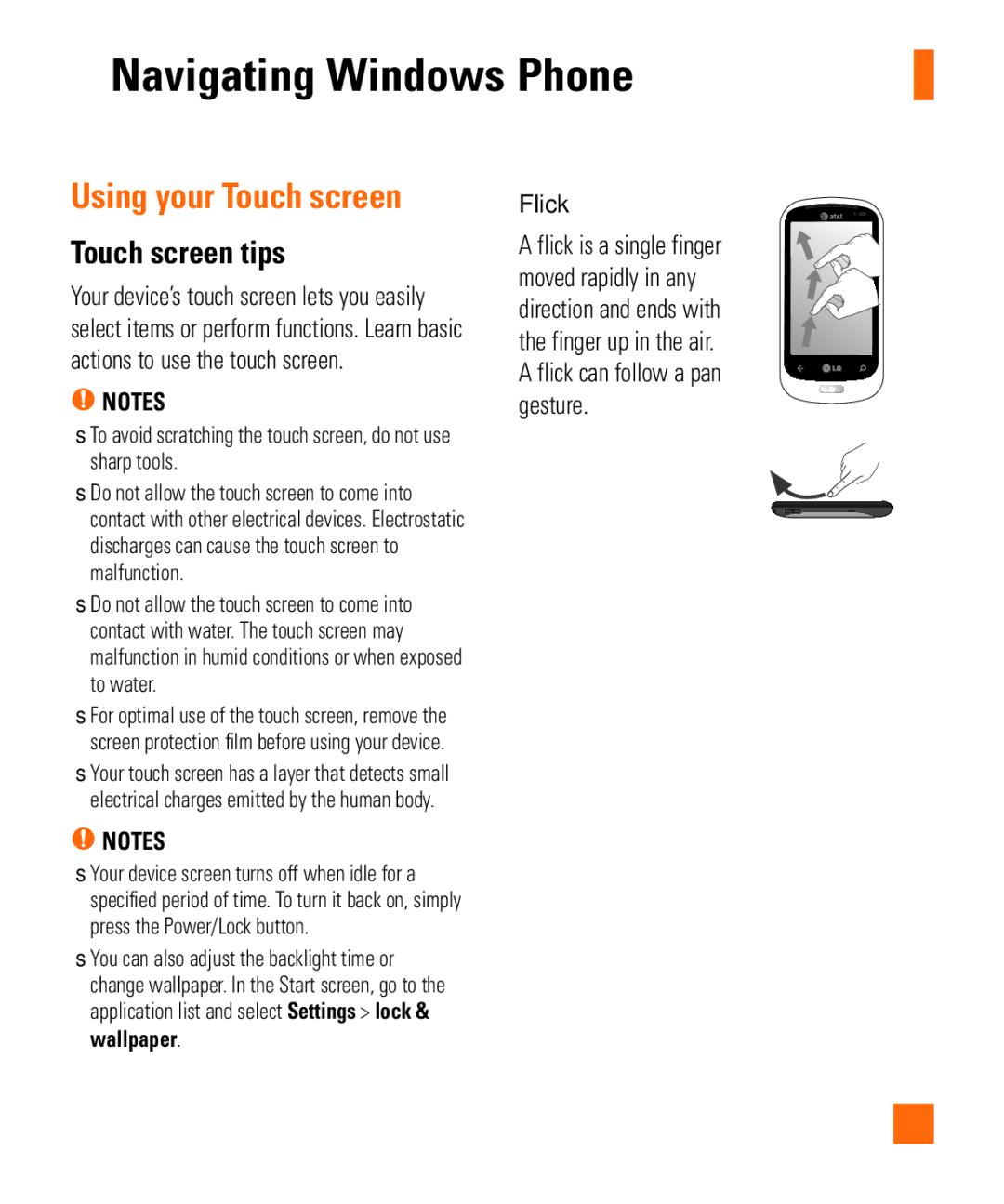 LG Electronics Quantum manual Navigating Windows Phone, Using your Touch screen, Touch screen tips, Flick 