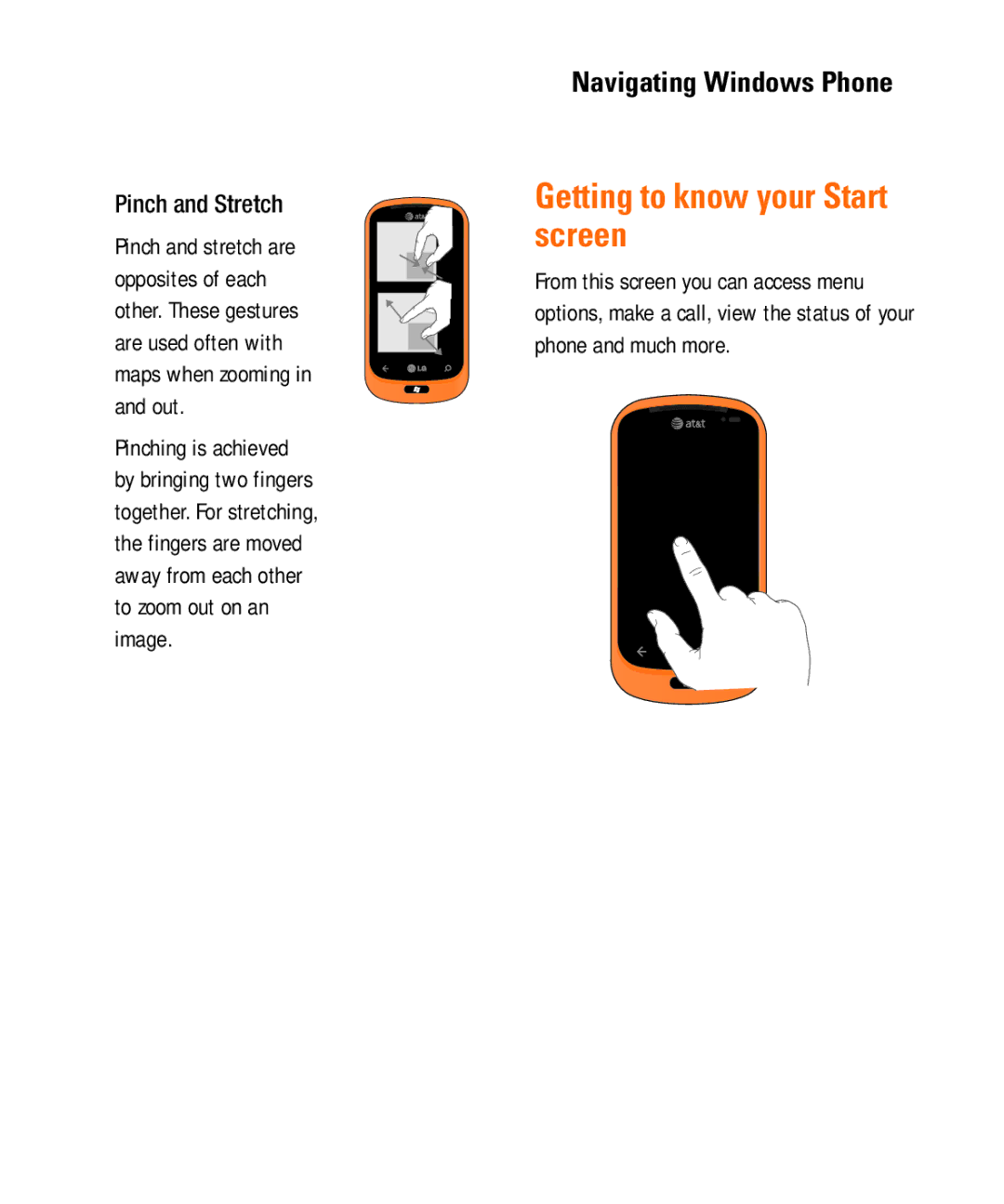 LG Electronics Quantum manual Getting to know your Start screen, Navigating Windows Phone, Pinch and Stretch 