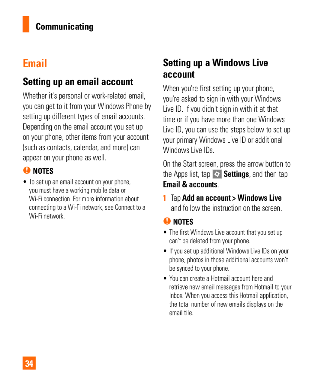 LG Electronics Quantum manual Setting up an email account, Setting up a Windows Live account, Email & accounts 