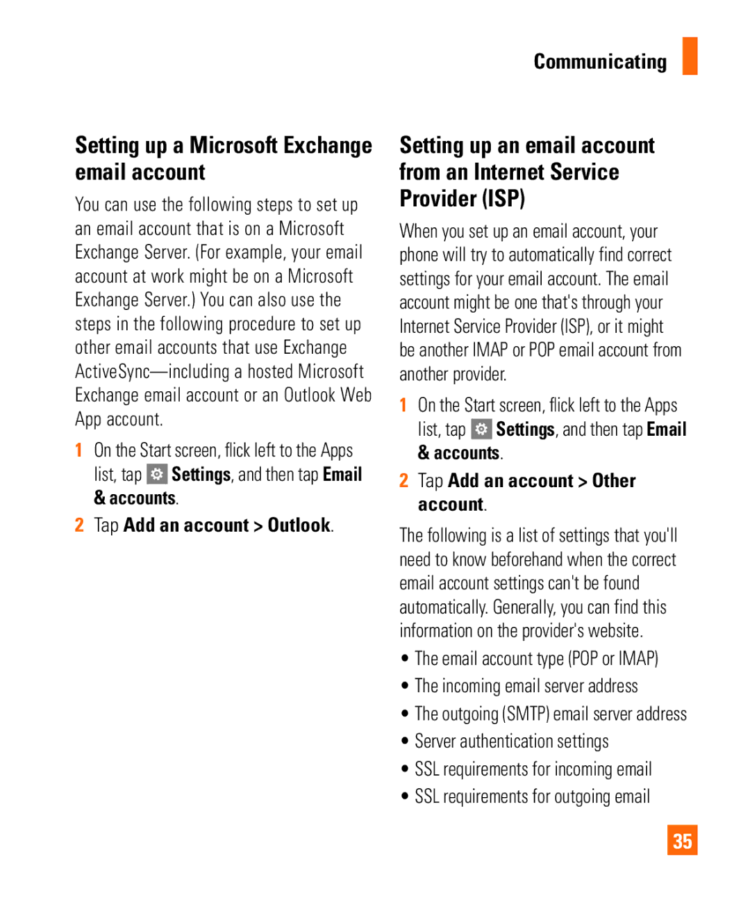 LG Electronics Quantum manual Setting up a Microsoft Exchange email account, Tap Add an account Other account 