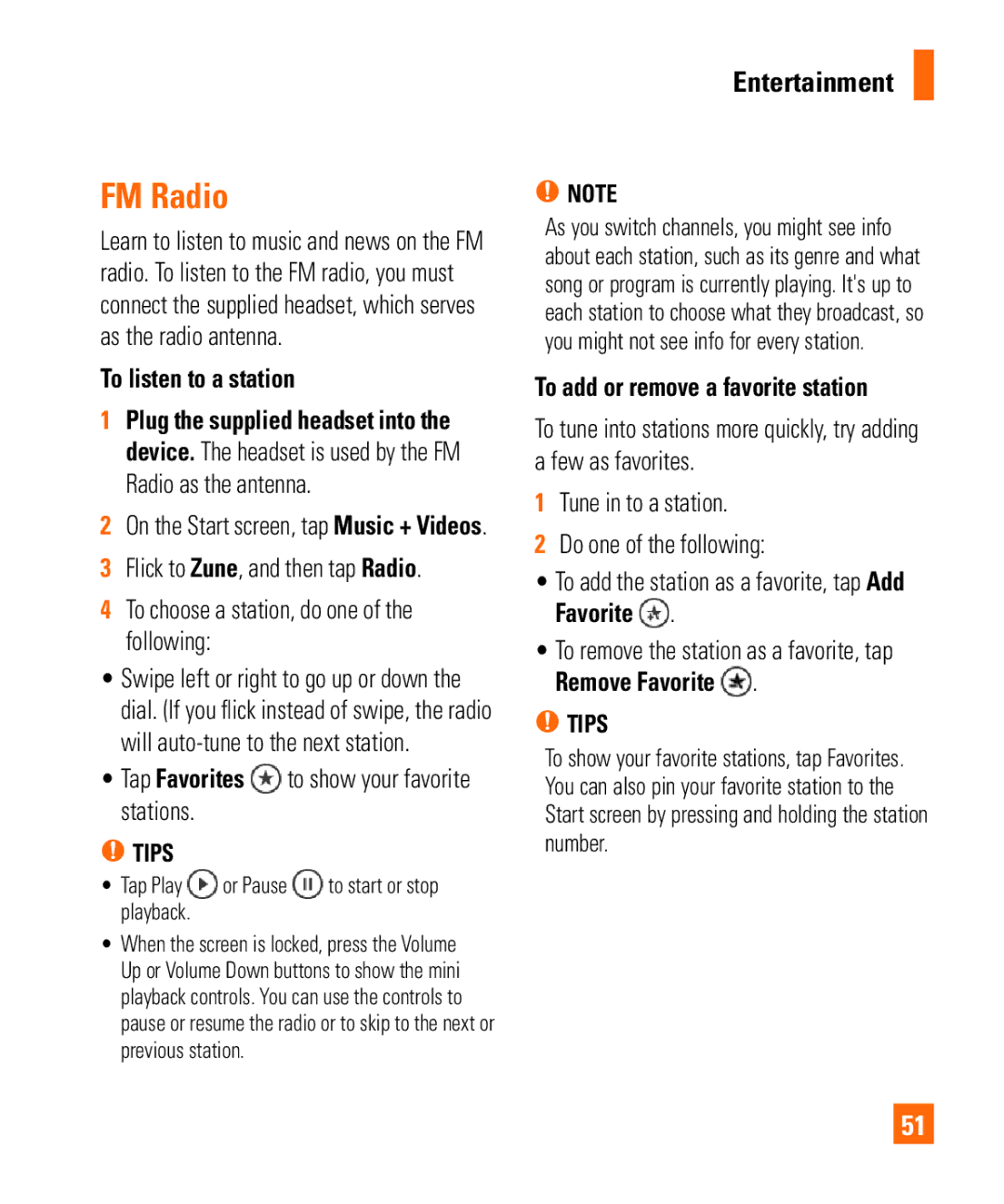 LG Electronics Quantum manual FM Radio, To listen to a station, To add or remove a favorite station 