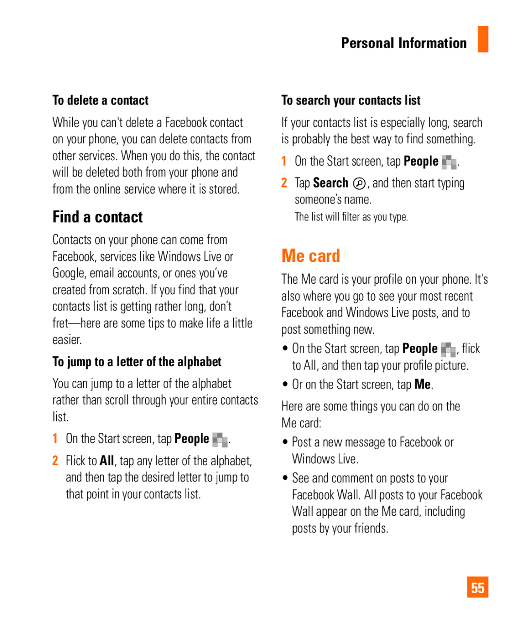 LG Electronics Quantum manual Me card, Find a contact, To delete a contact, To jump to a letter of the alphabet 