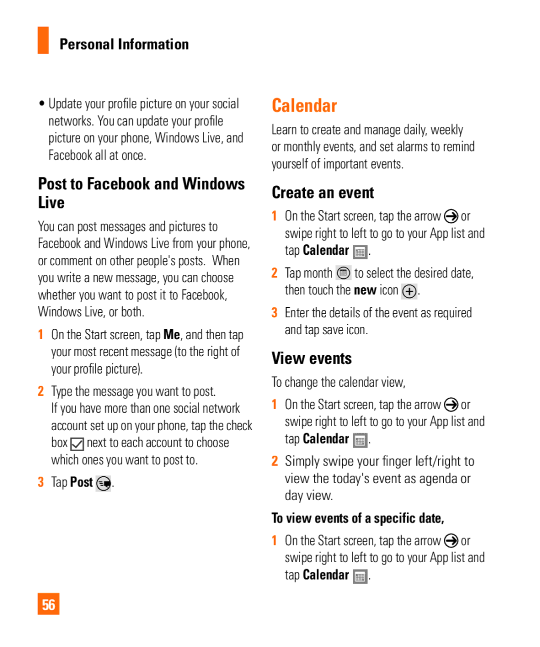 LG Electronics Quantum manual Calendar, Post to Facebook and Windows Live, Create an event, View events 