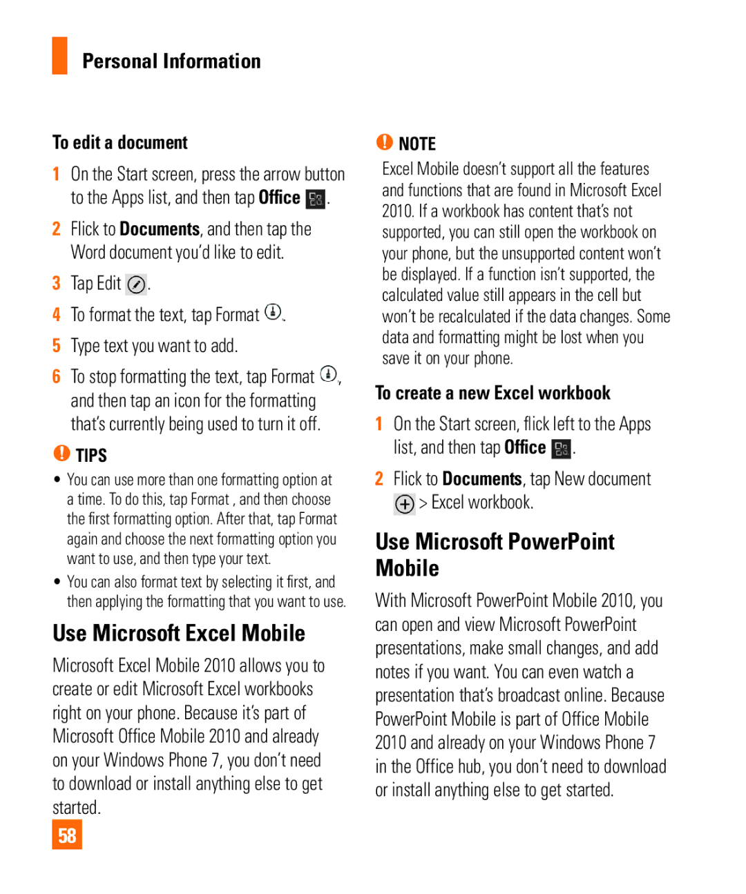 LG Electronics Quantum manual Use Microsoft Excel Mobile, Use Microsoft PowerPoint Mobile, To edit a document 