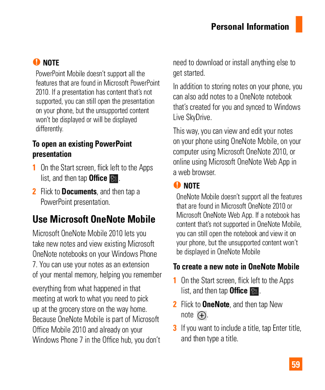 LG Electronics Quantum manual Use Microsoft OneNote Mobile, Need to download or install anything else to get started 