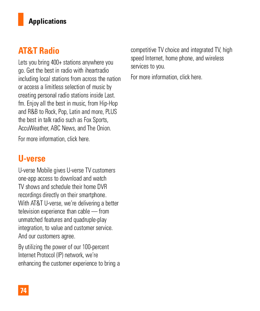 LG Electronics Quantum manual AT&T Radio, Verse, Applications 