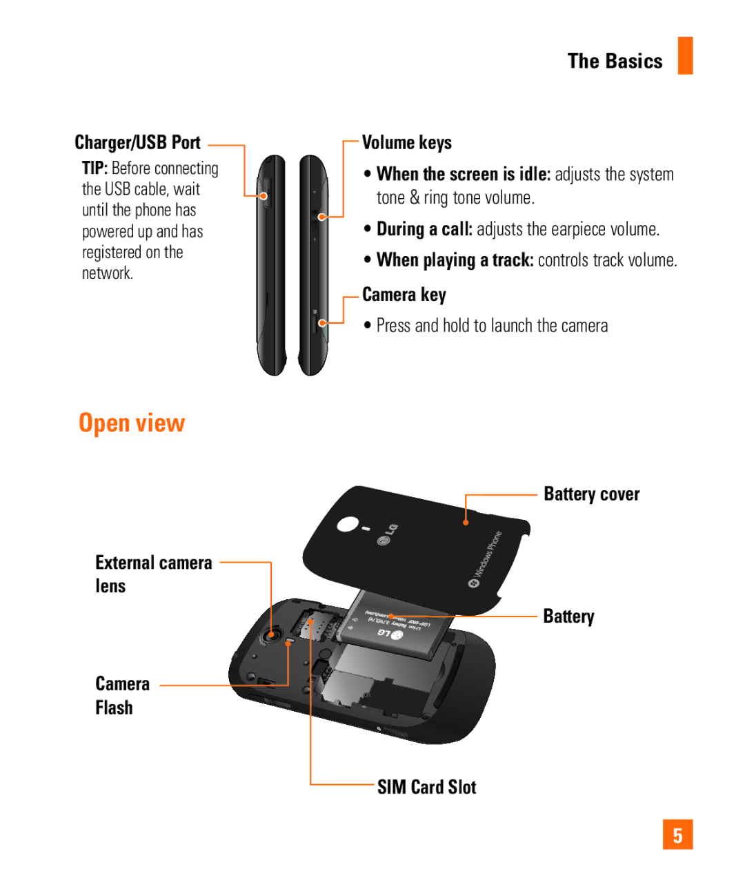 LG Electronics Quantum manual Open view, Basics, Charger/USB Port, Volume keys, Camera key 