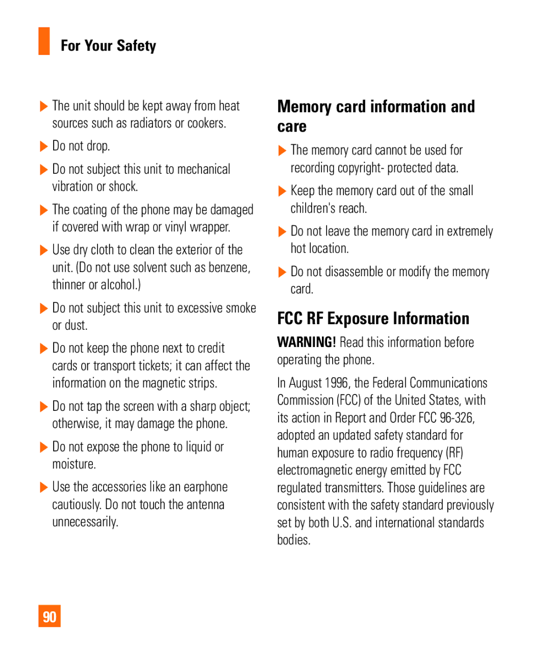 LG Electronics Quantum manual Memory card information and care, FCC RF Exposure Information, For Your Safety 