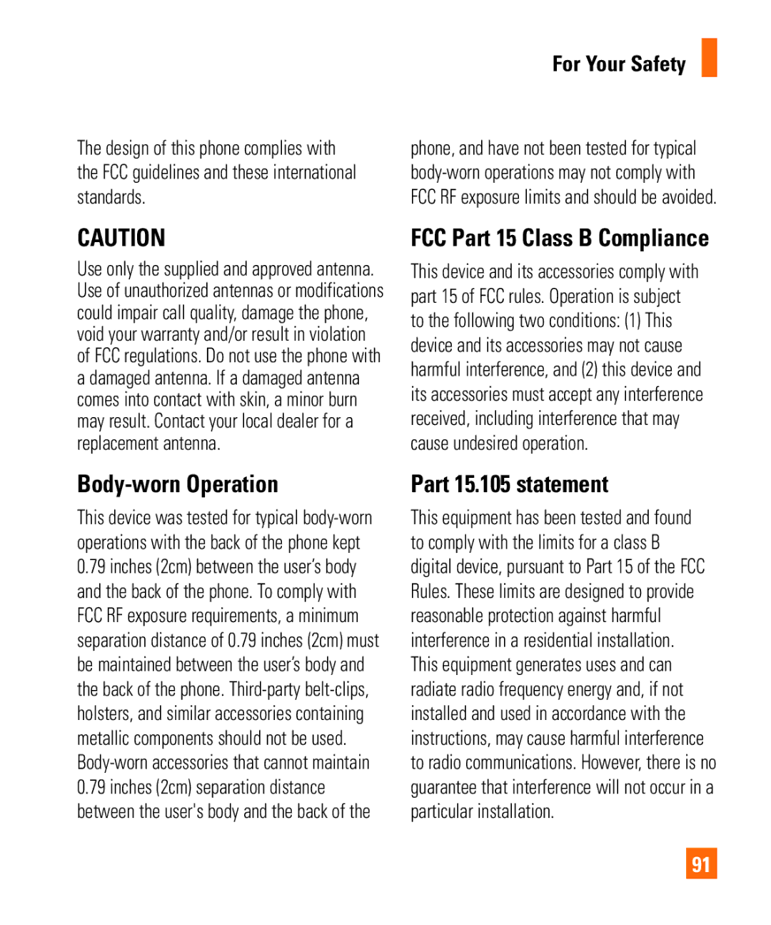 LG Electronics Quantum manual Body-worn Operation Part 15.105 statement, FCC Part 15 Class B Compliance, Standards 