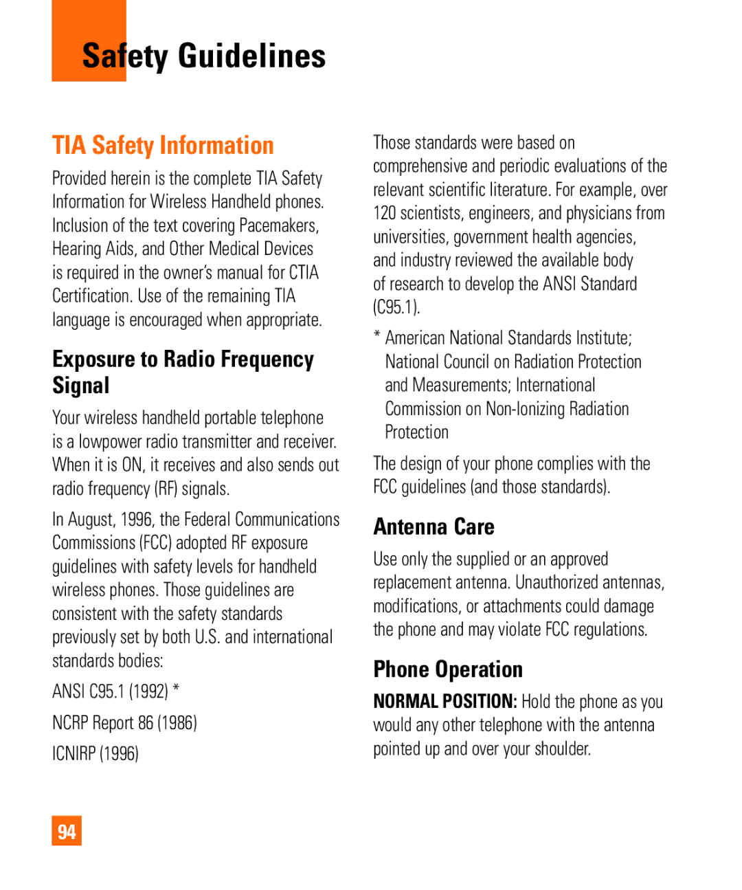 LG Electronics Quantum manual Safety Guidelines, TIA Safety Information, Exposure to Radio Frequency Signal, Antenna Care 