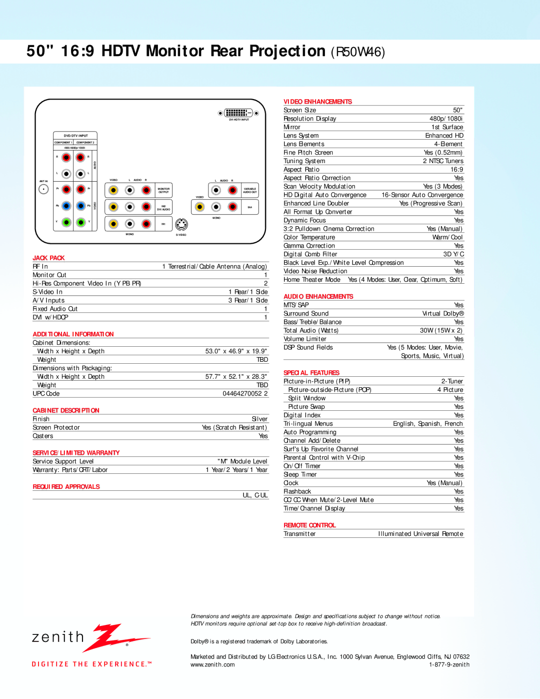 LG Electronics R50W46 Video Enhancements, Jack Pack, Additional Information, Cabinet Description, SERVICE/LIMITED Warranty 