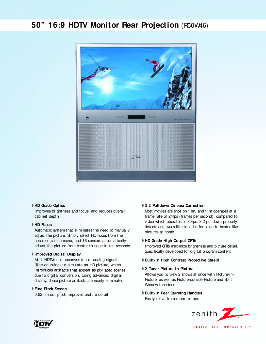 LG Electronics manual 50 169 HDTV Monitor Rear Projection R50W46, HD Grade Optics, HD Focus, Improved Digital Display 