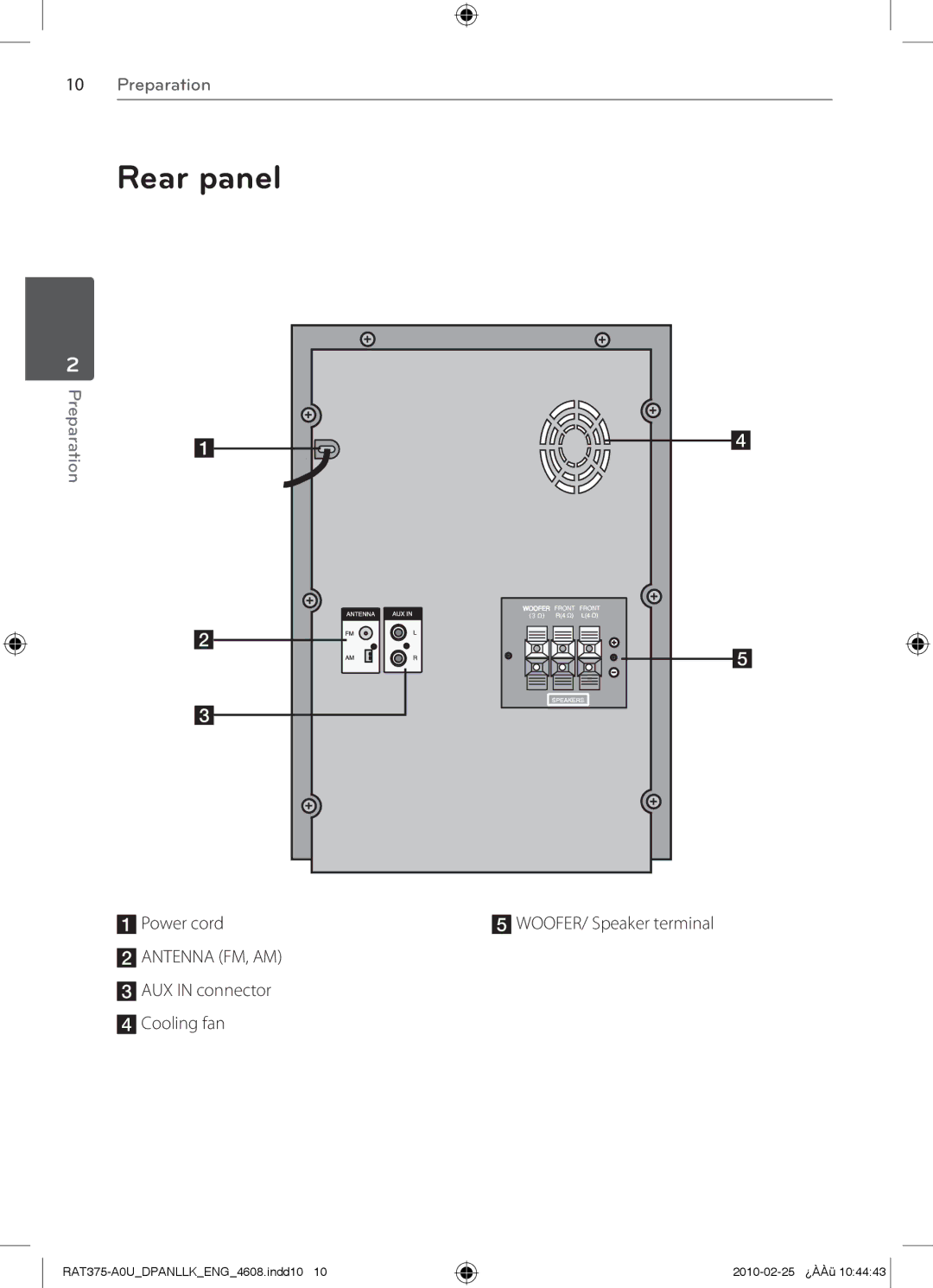 LG Electronics RAS375BW, RAS375F, RAS375BF, MFL63284608, RAS375W, RAT375 Rear panel, APower cord EWOOFER/ Speaker terminal 