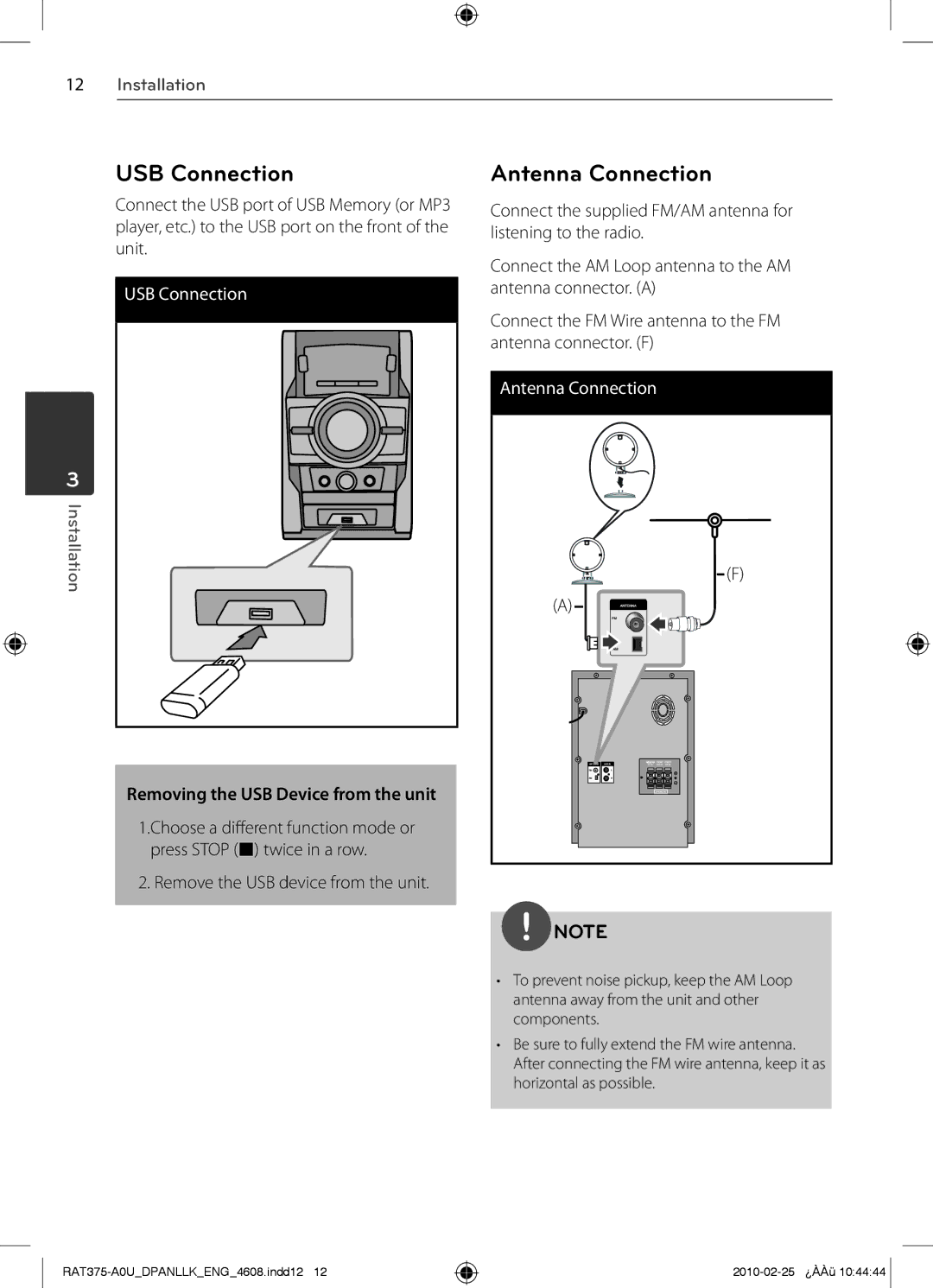 LG Electronics RAS375F, RAS375BF, MFL63284608 USB Connection, Antenna Connection, Removing the USB Device from the unit 