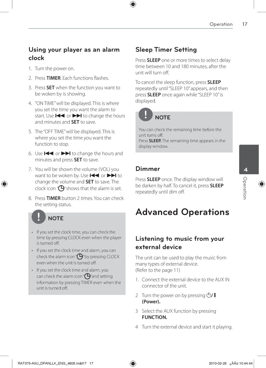 LG Electronics RAT375, RAS375F Advanced Operations, Using your player as an alarm clock, Sleep Timer Setting, Dimmer 