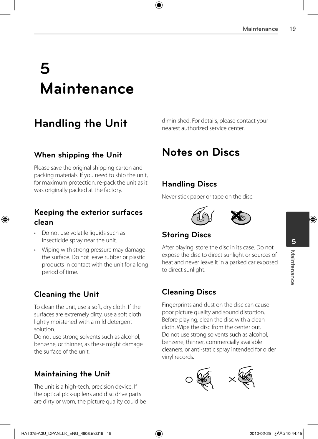 LG Electronics RAS375BF, RAS375F, MFL63284608, RAS375W, RAS375BW, RAT375 owner manual Maintenance, Handling the Unit 