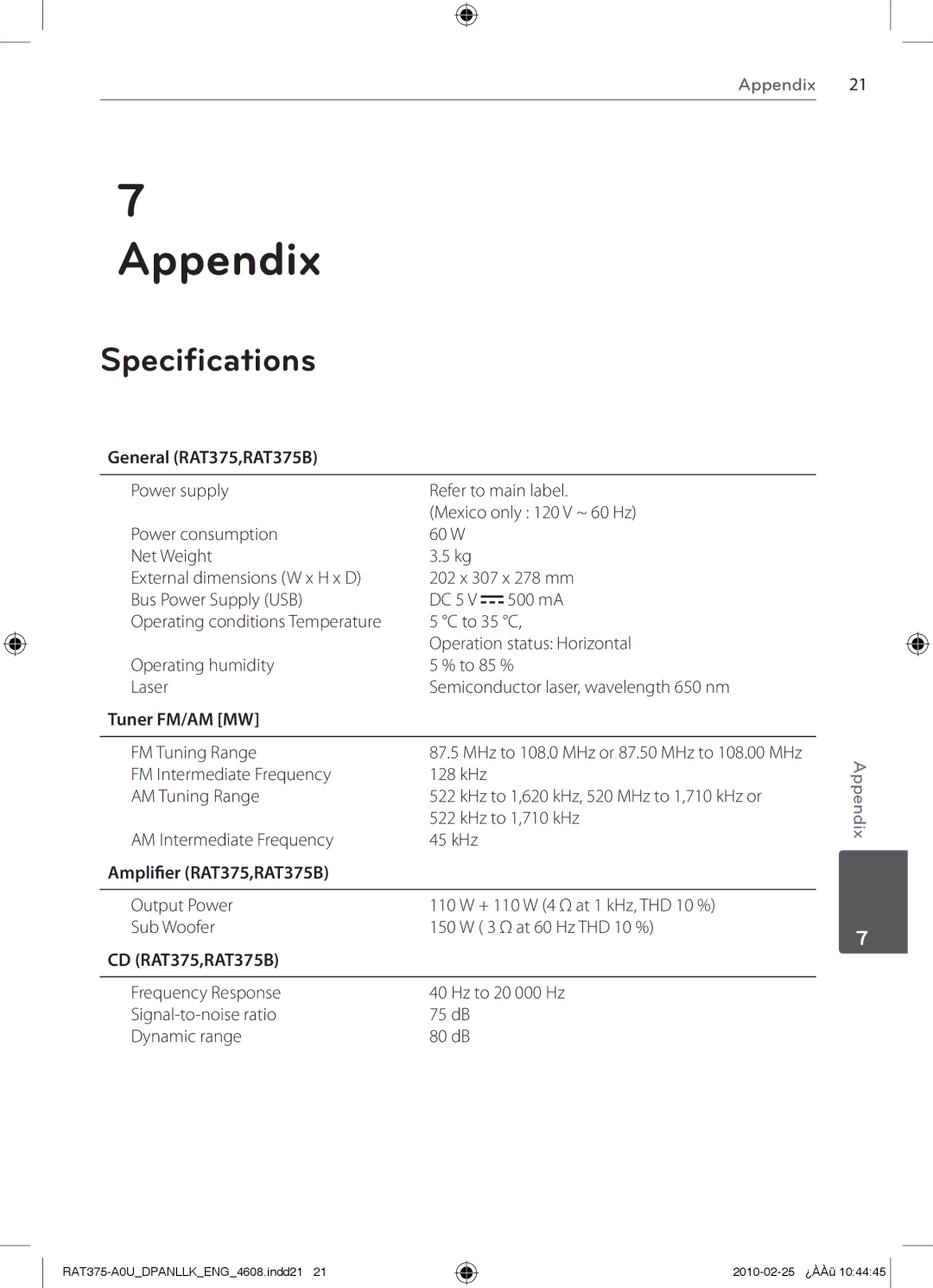 LG Electronics RAS375W, RAS375F, RAS375BF, MFL63284608, RAS375BW, RAT375 owner manual Appendix, Specifications 