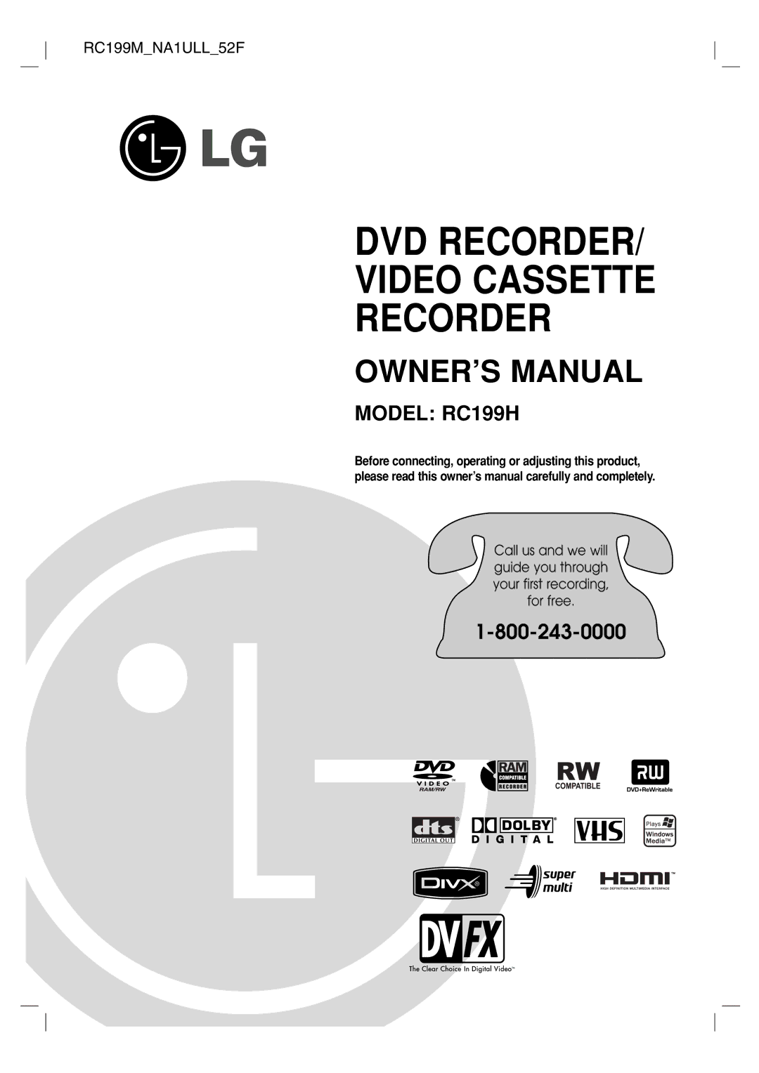 LG Electronics RC199H owner manual DVD RECORDER/ Video Cassette Recorder 