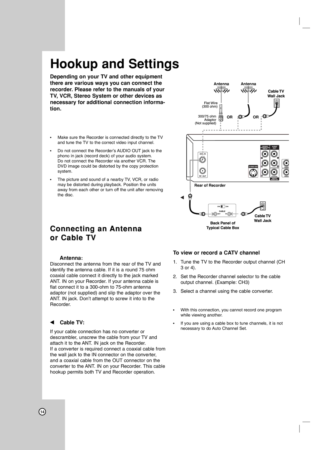 LG Electronics RC199H owner manual Connecting an Antenna or Cable TV, To view or record a Catv channel 