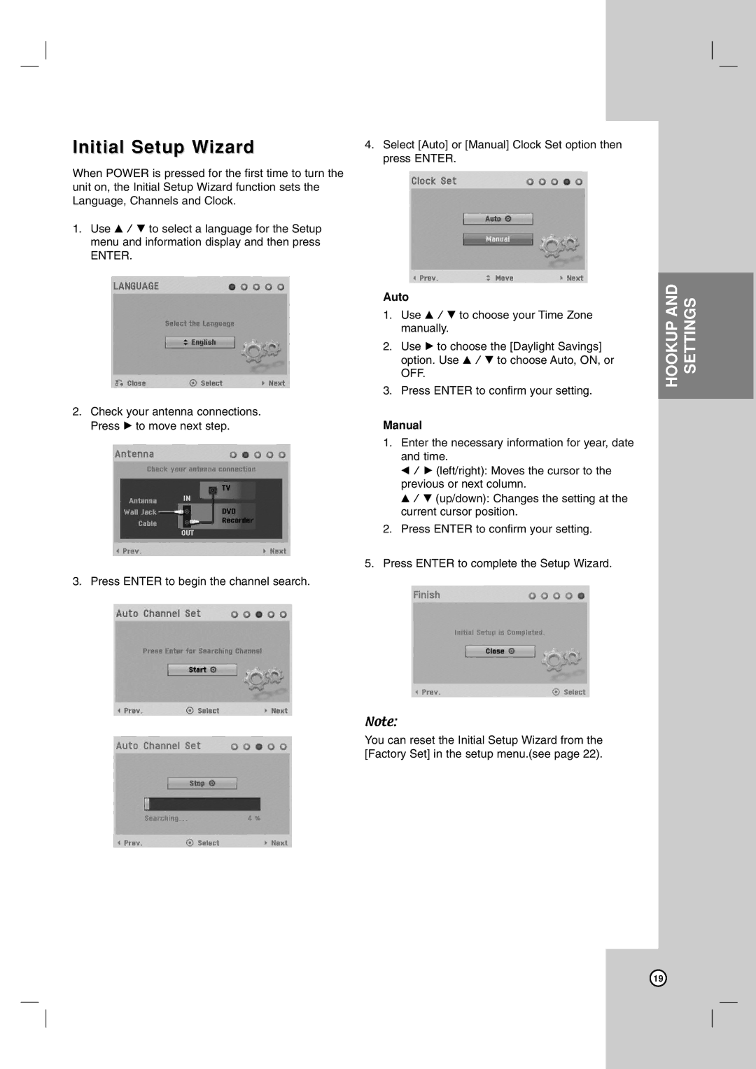 LG Electronics RC199H owner manual Initial Setup Wizard, Auto, Manual 