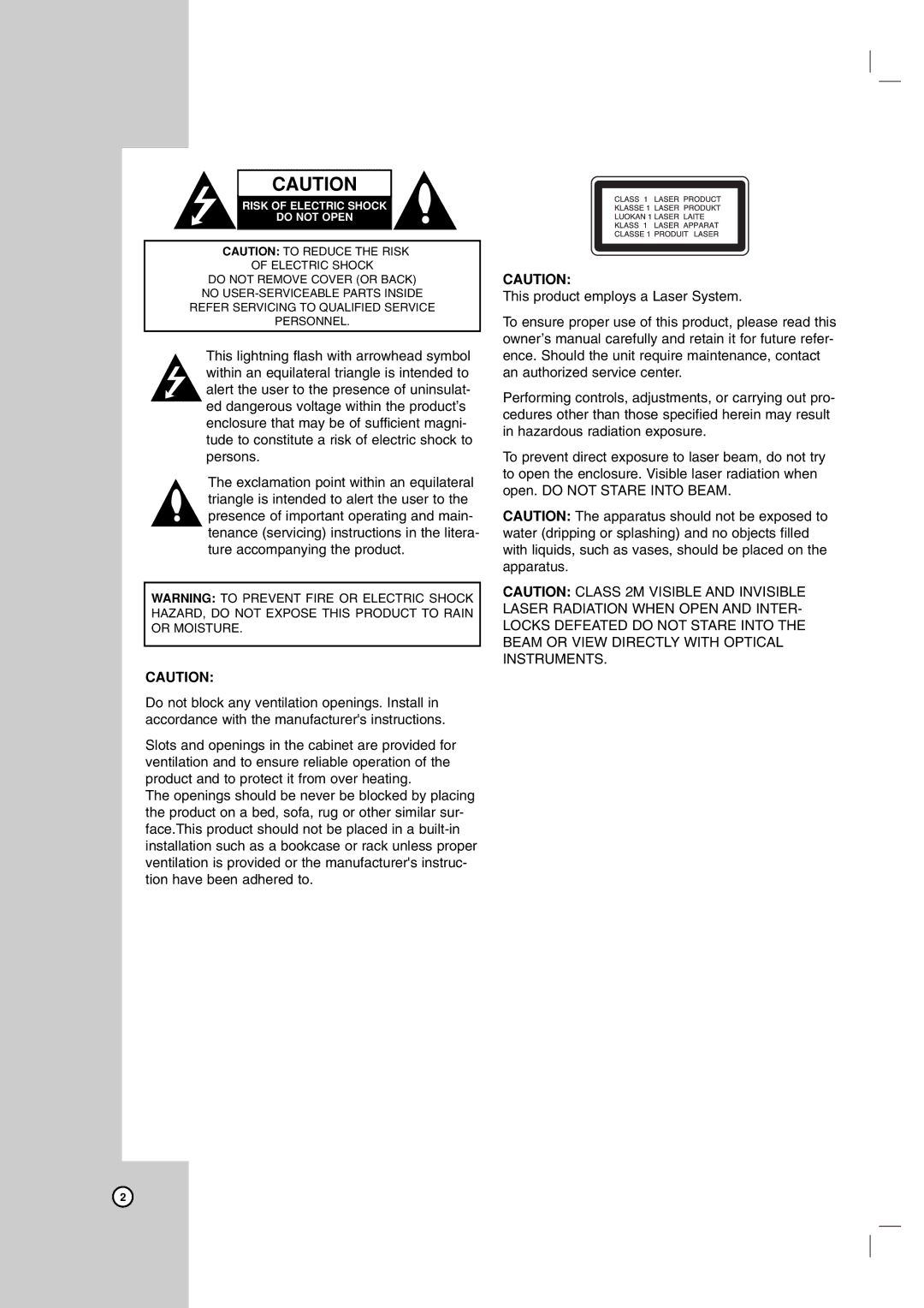 LG Electronics RC199H owner manual Risk of Electric Shock Do not Open 