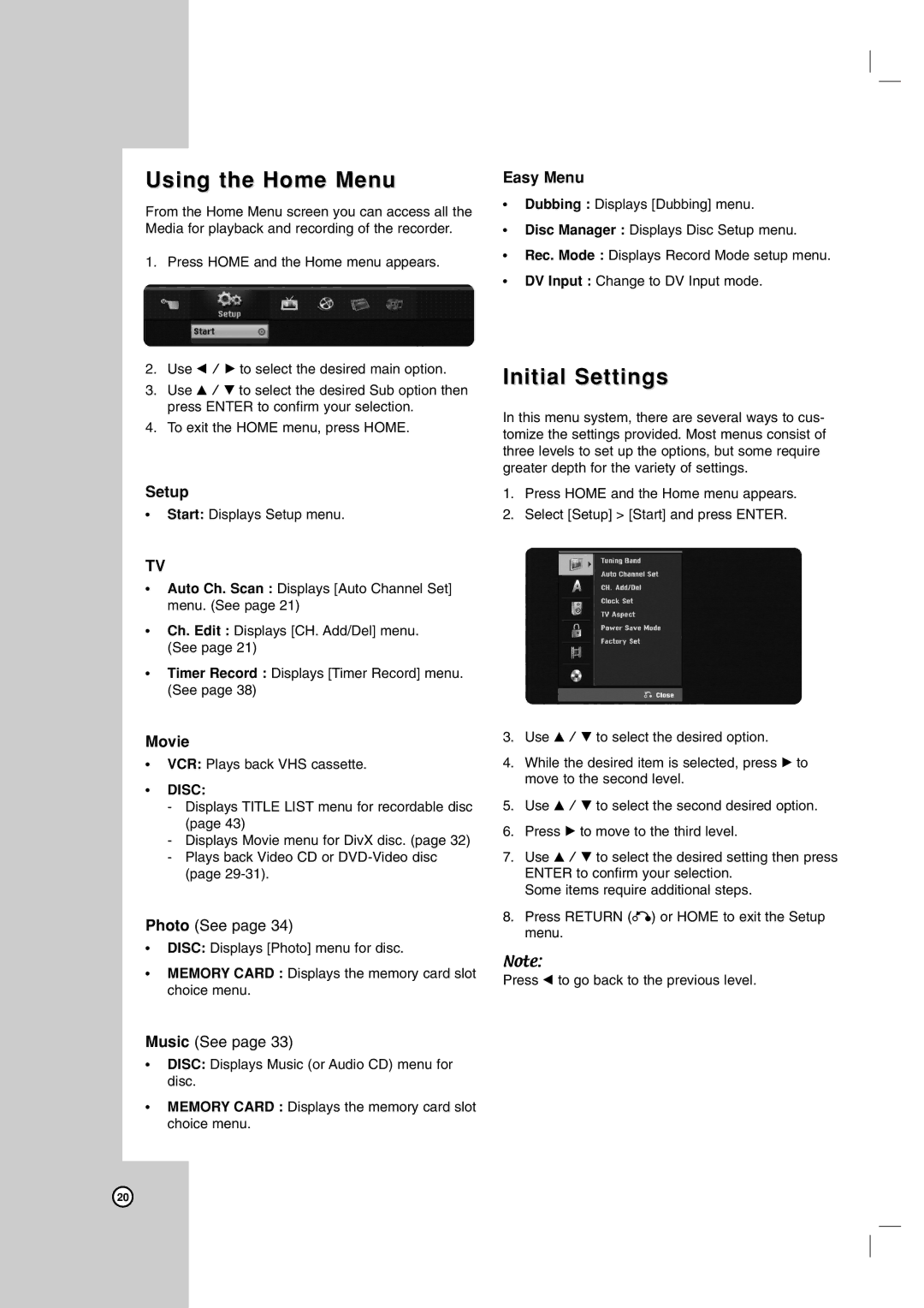 LG Electronics RC199H owner manual Using the Home Menu, Initial Settings, Easy Menu, Setup, Movie 