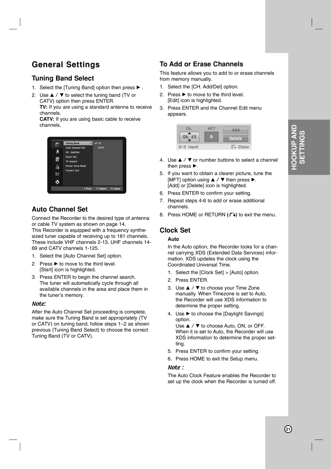 LG Electronics RC199H General Settings, Tuning Band Select, Auto Channel Set, To Add or Erase Channels, Clock Set 