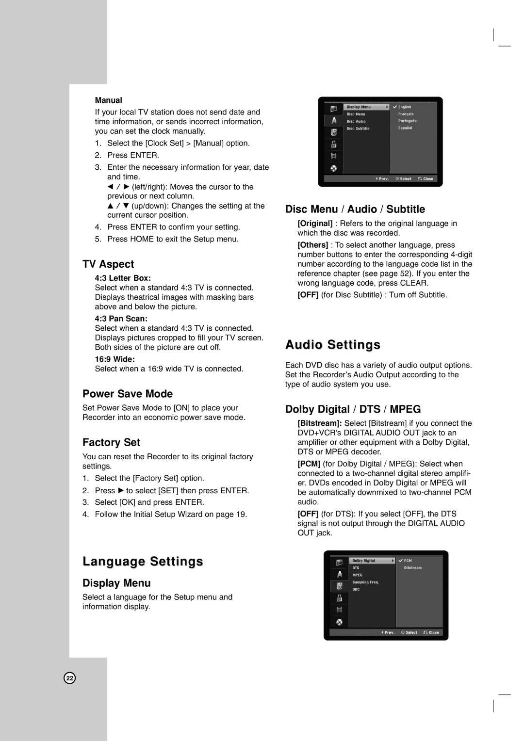 LG Electronics RC199H owner manual Language Settings, Audio Settings 