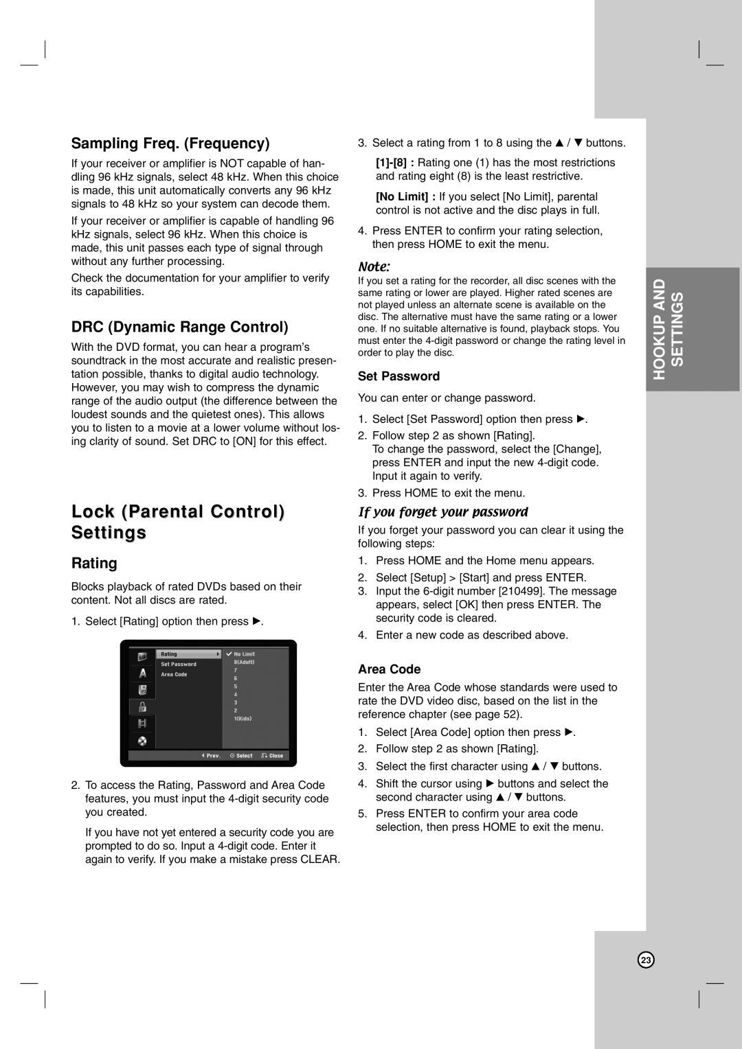 LG Electronics RC199H Lock Parental Control Settings, Sampling Freq. Frequency, DRC Dynamic Range Control, Rating 