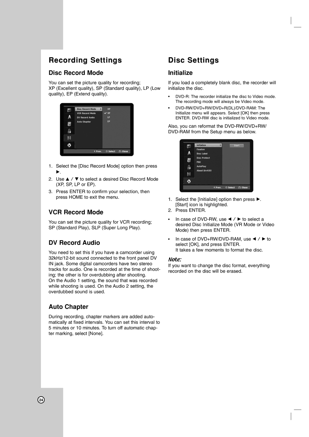 LG Electronics RC199H owner manual Recording Settings, Disc Settings 