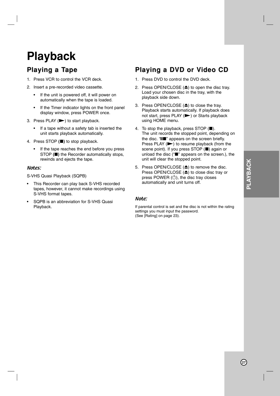 LG Electronics RC199H owner manual Playing a Tape, Playing a DVD or Video CD 