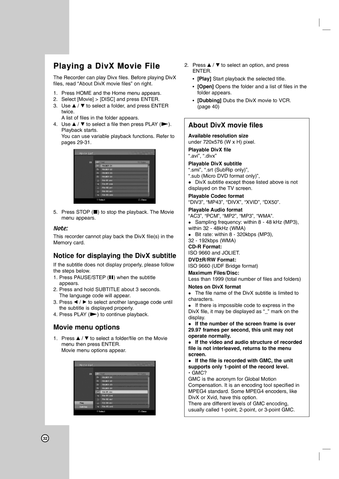 LG Electronics RC199H owner manual Playing a DivX Movie File, Movie menu options, About DivX movie files 