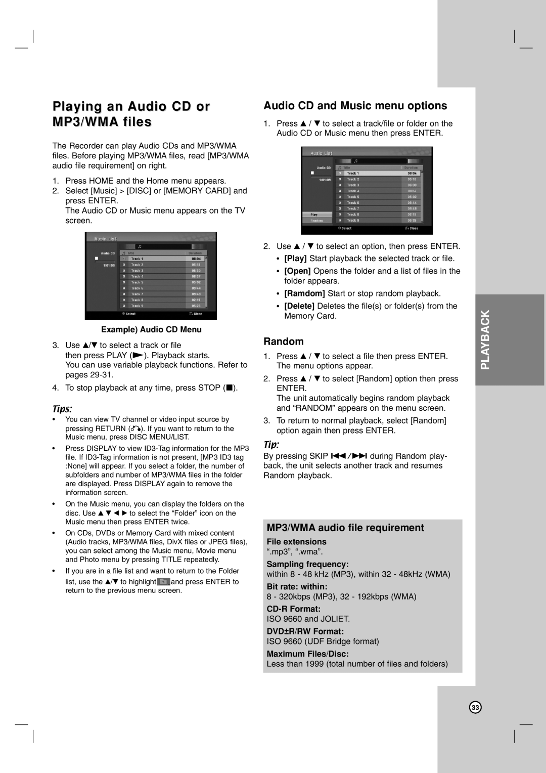 LG Electronics RC199H owner manual Playing an Audio CD or MP3/WMA files, Audio CD and Music menu options 