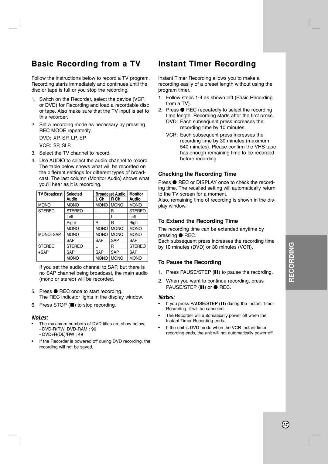 LG Electronics RC199H owner manual Basic Recording from a TV, Instant Timer Recording, Checking the Recording Time 