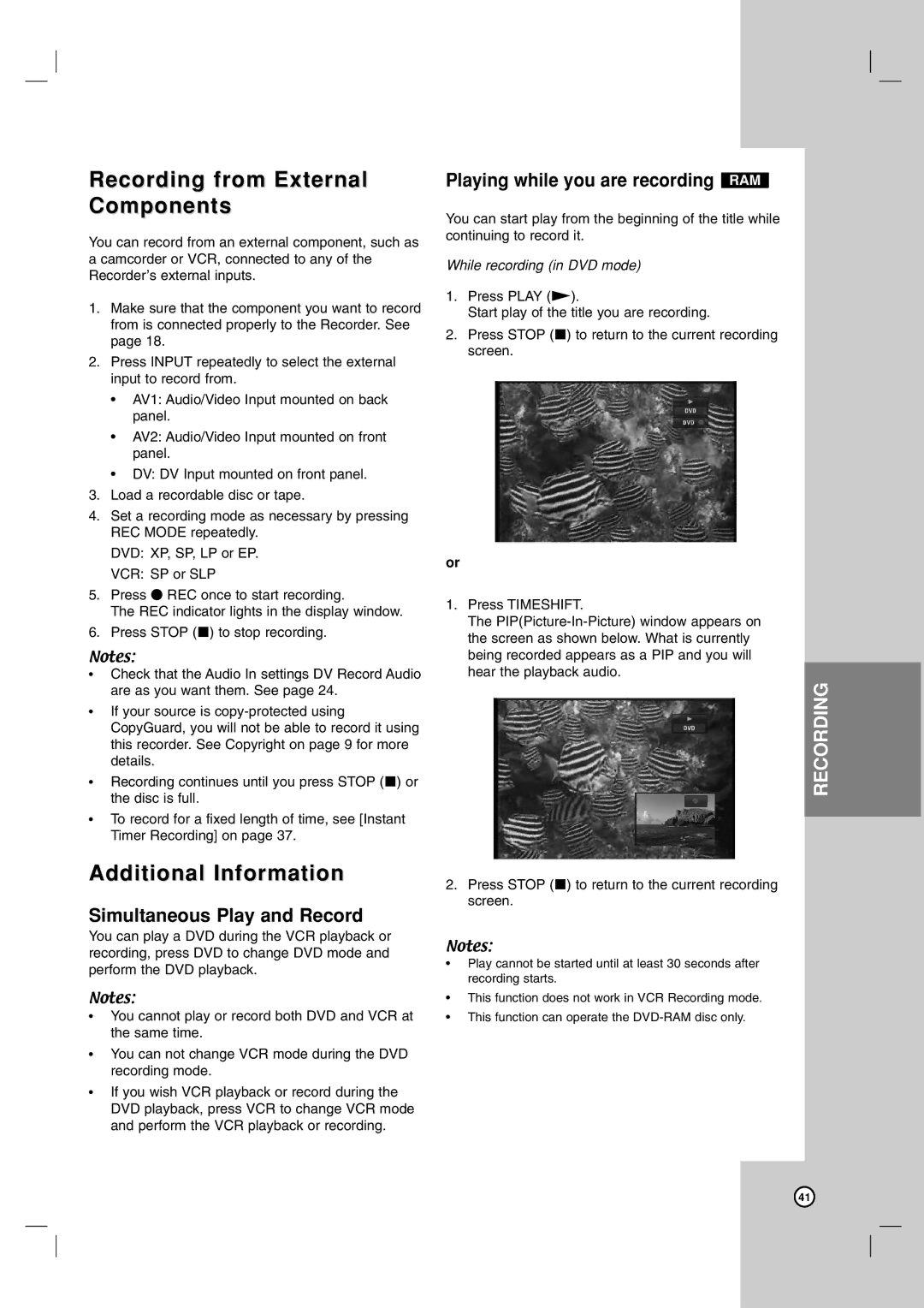 LG Electronics RC199H owner manual Recording from External Components, Additional Information, Simultaneous Play and Record 