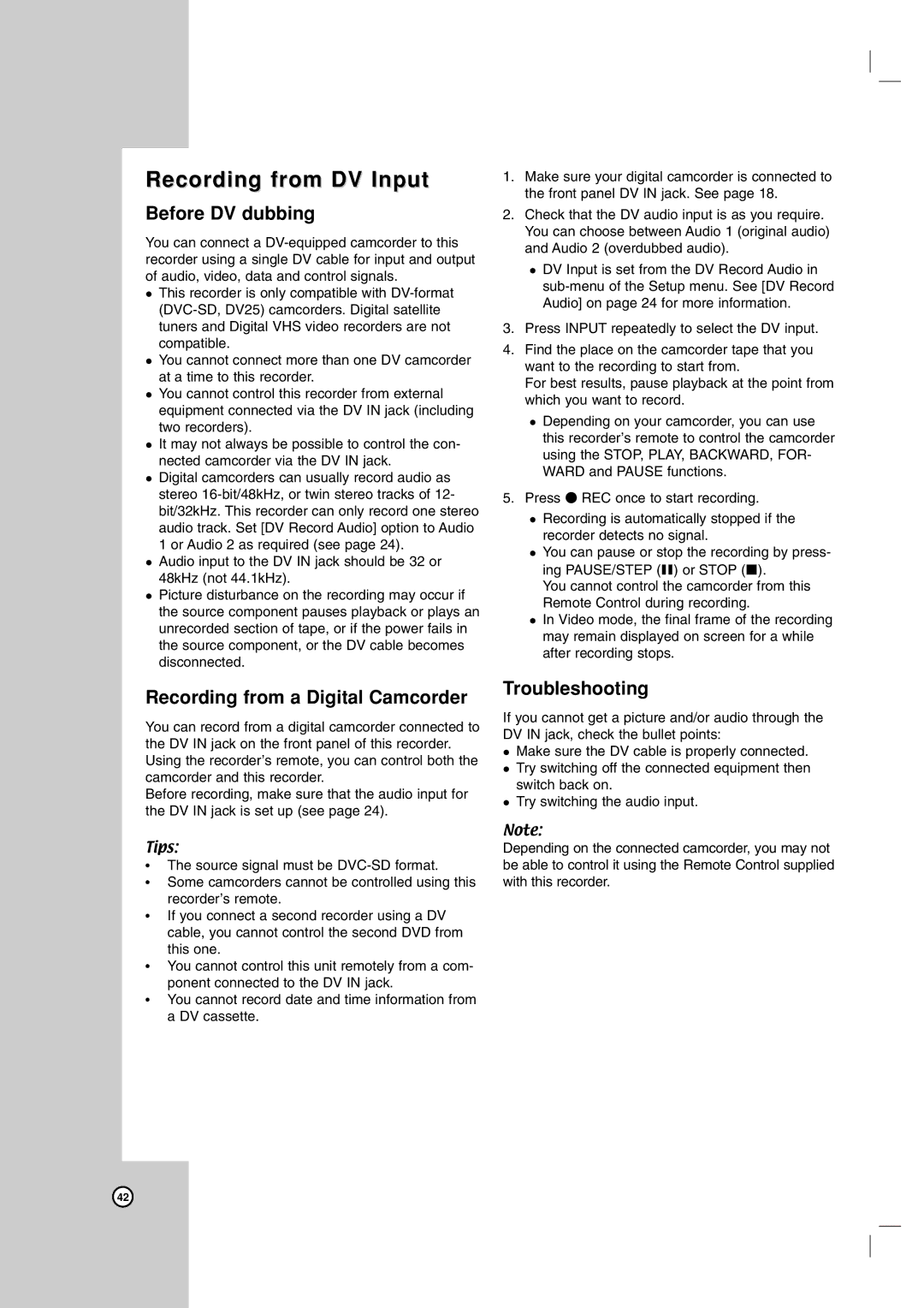 LG Electronics RC199H Recording from DV Input, Before DV dubbing, Recording from a Digital Camcorder, Troubleshooting 