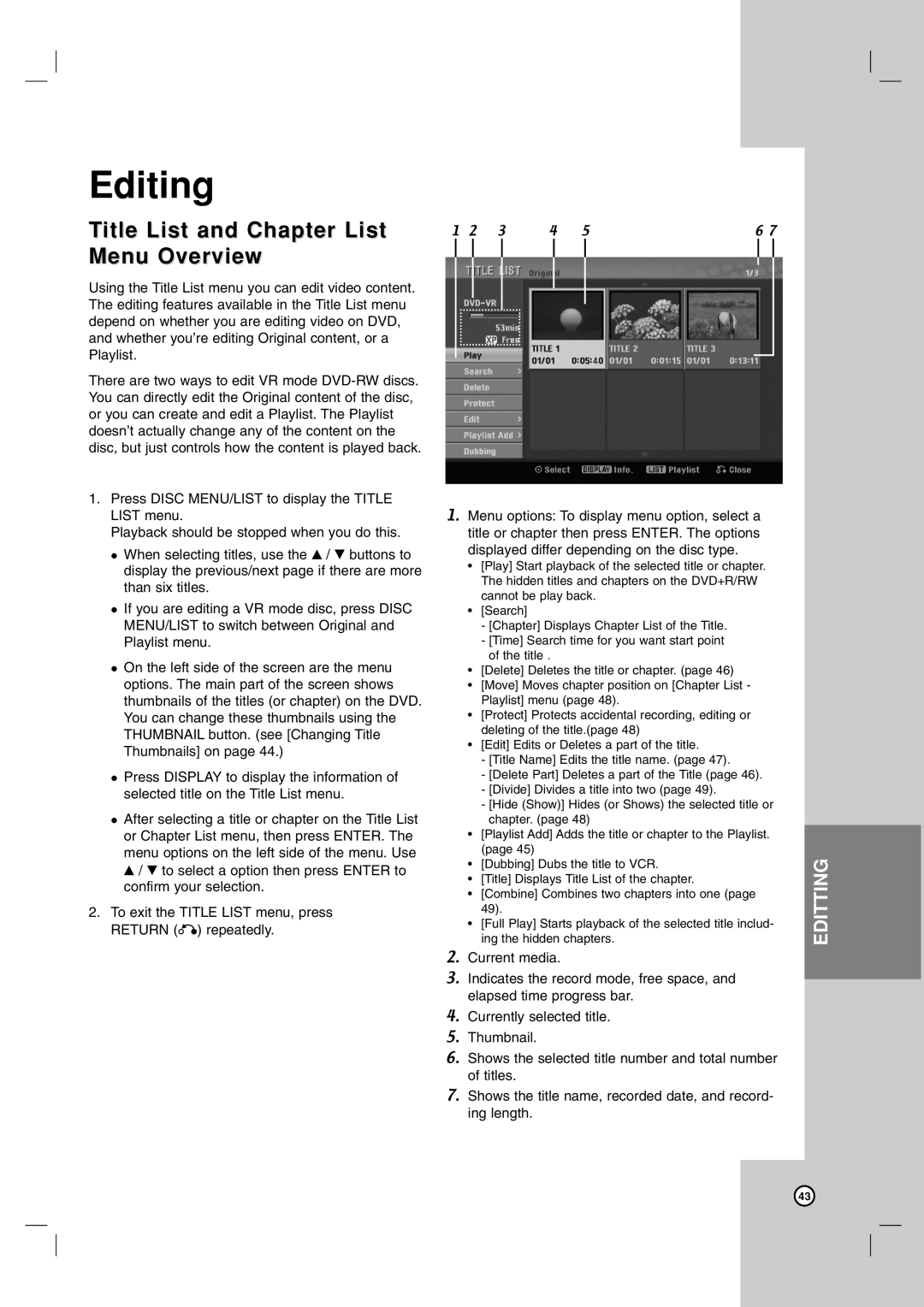 LG Electronics RC199H owner manual Editing, Title List and Chapter List Menu Overview 