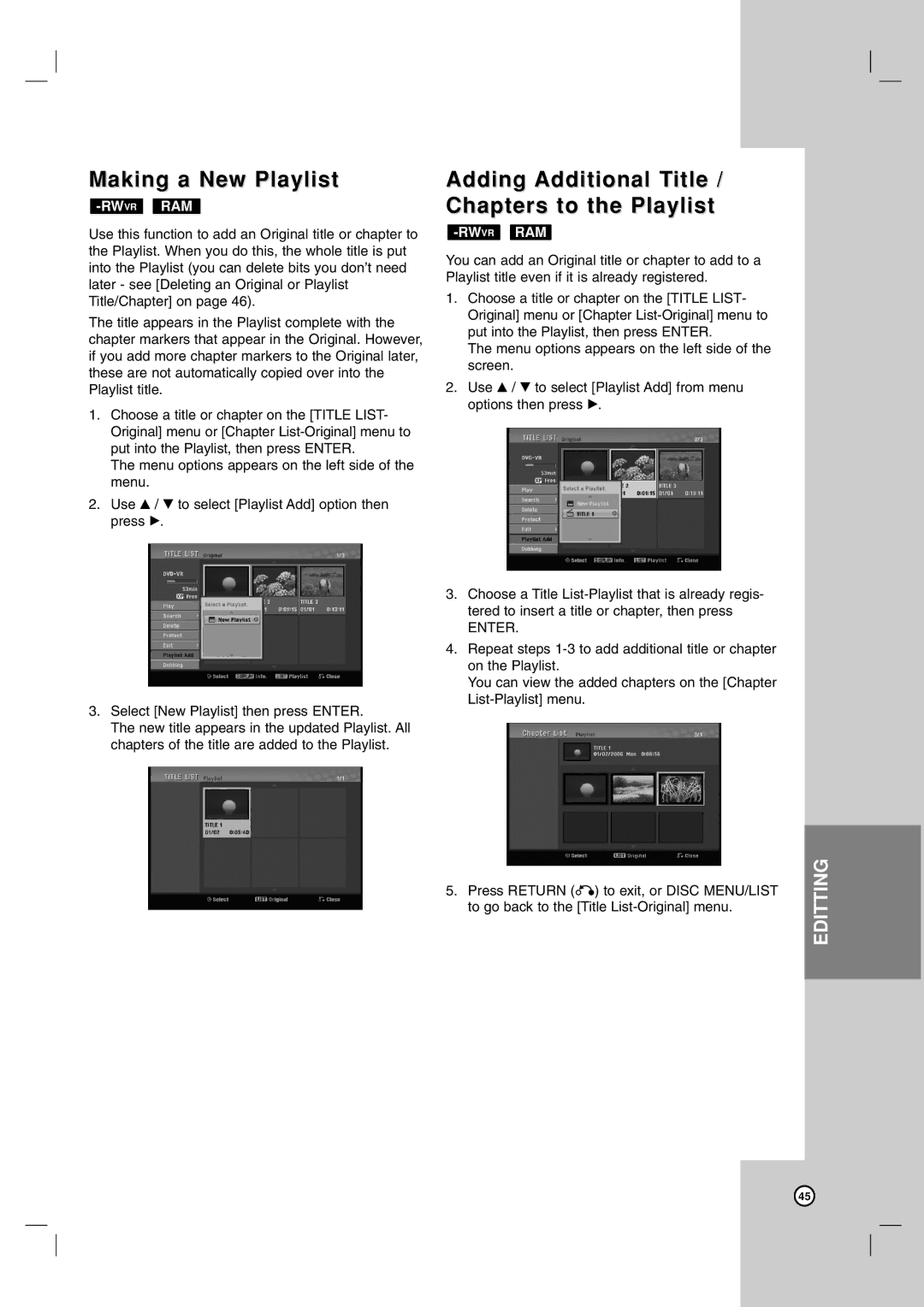 LG Electronics RC199H owner manual Making a New Playlist, Adding Additional Title / Chapters to the Playlist 