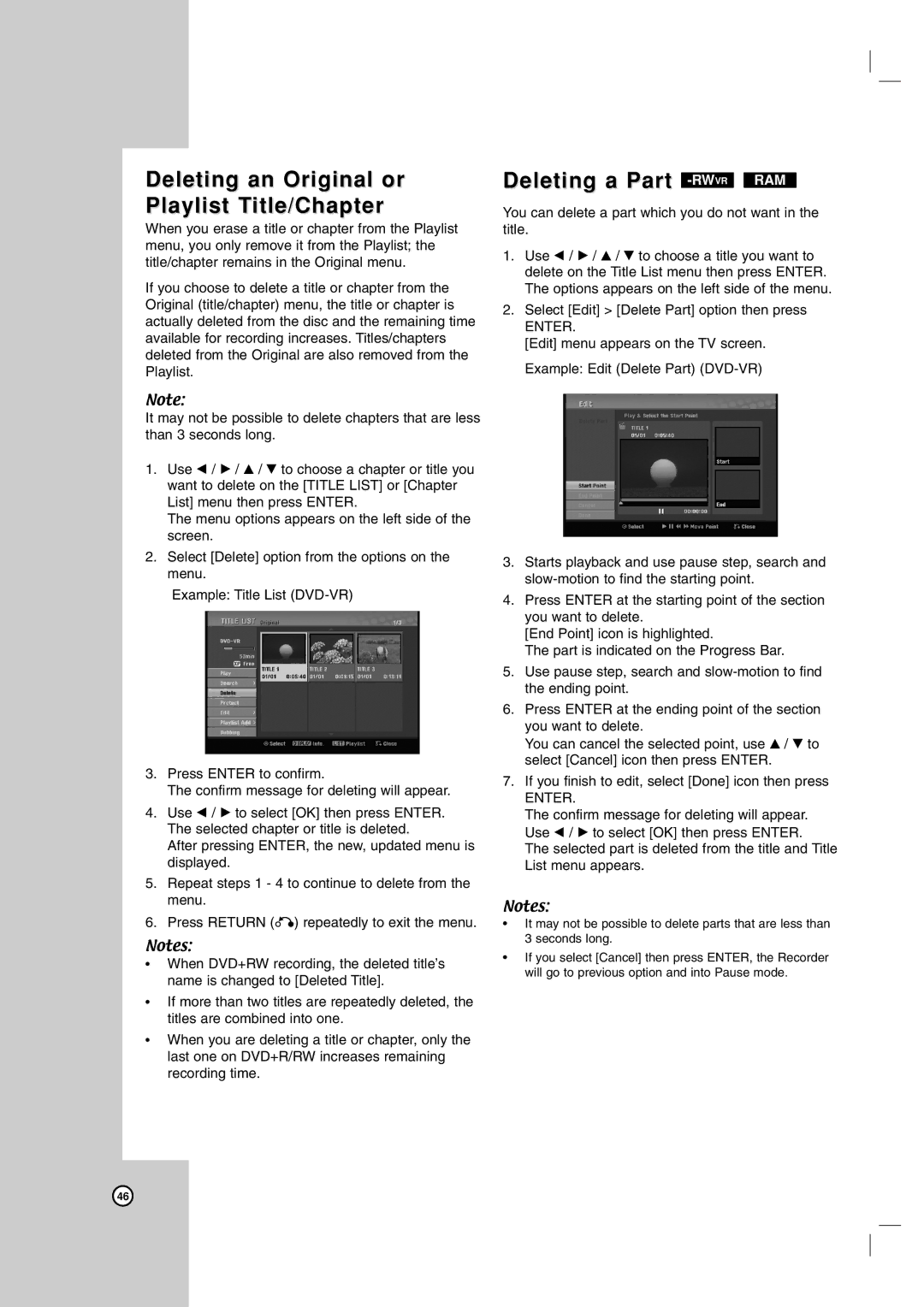 LG Electronics RC199H owner manual Deleting an Original or Playlist Title/Chapter, Deleting a Part -RW 